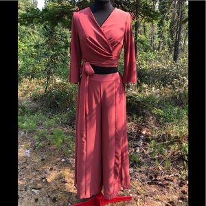 NEW Burnt Red Chiffon Wrap Tie Top Slit Leg Loose Pant Cold Shoulder Set Sz XS/S
